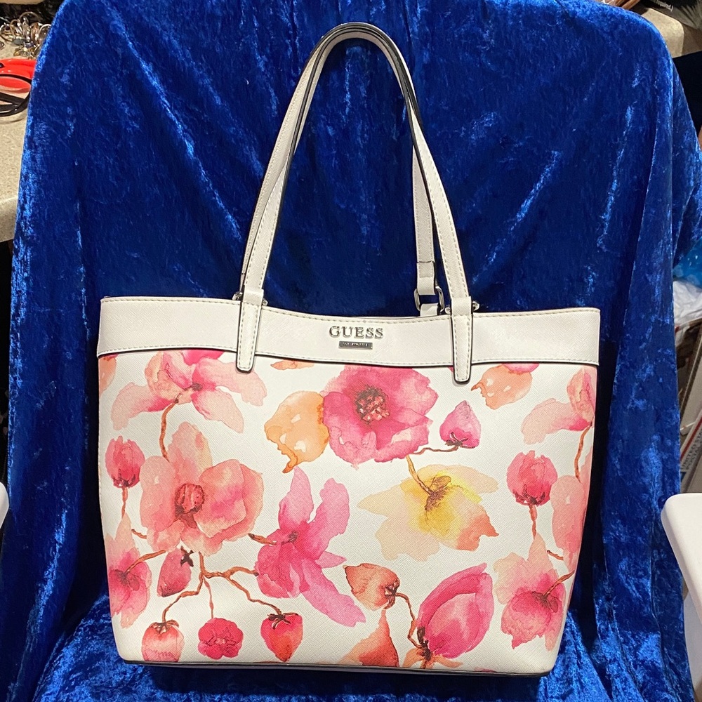 GUESS Floral Watercolor Tote in White with Pink and Yellow Blooms